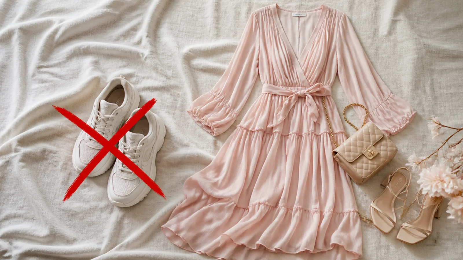 Faceless flat lay showing a chunky sneaker crossed out beside a flowy chiffon dress