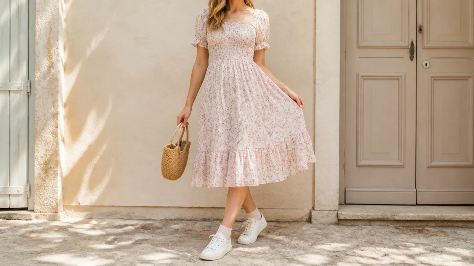 Faceless full-length shot of a floral midi dress with white leather sneakers and low ankle socks