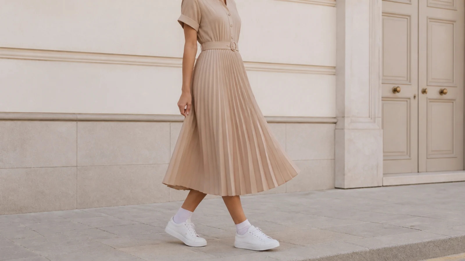 Faceless full-length shot of a pleated midi dress with low sneakers and a low ankle sock