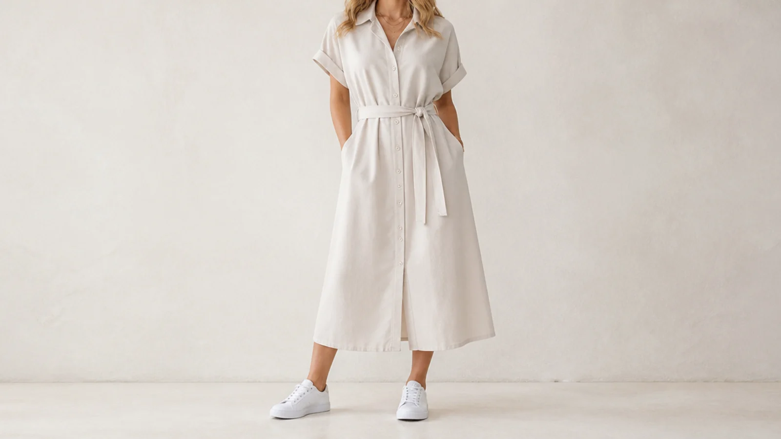 Faceless outfit of a cotton shirt dress with clean white sneakers on a plain background