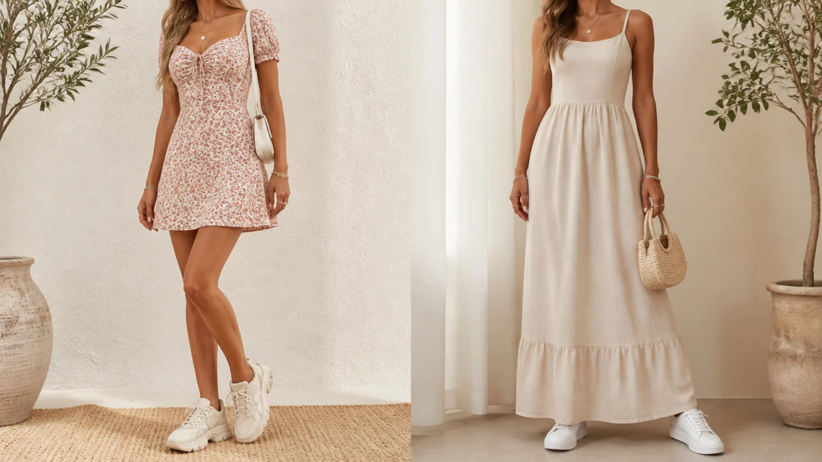 Faceless side-by-side of a chunky sneaker with a mini dress and a sleek sneaker with a maxi dress