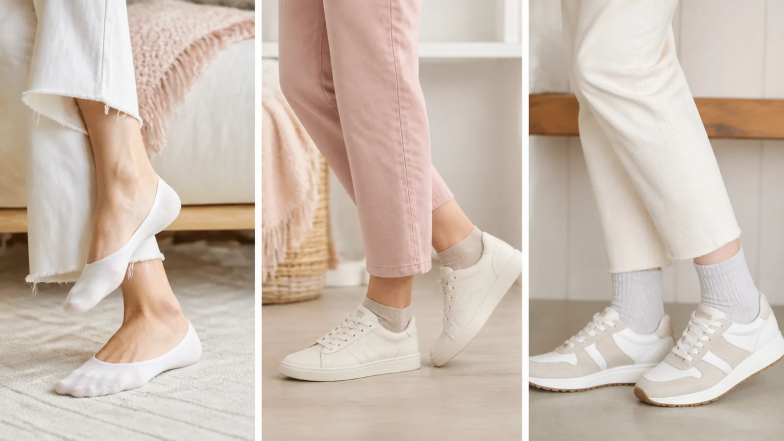 Faceless close-up of ankles showing no-show socks, low ankle socks and crew socks with sneakers