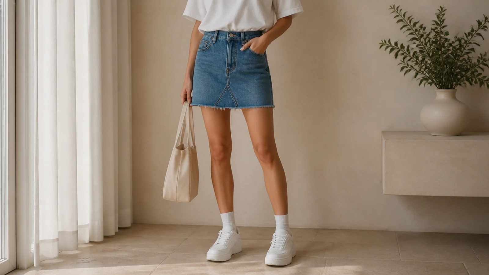 Faceless full-length shot of a structured denim mini skirt with chunky white platform sneakers and a low crew sock