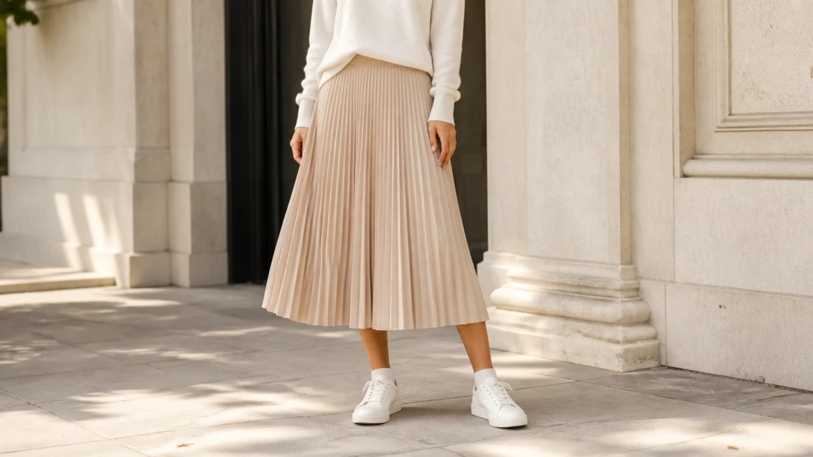 Faceless full-length shot of an accordion pleated midi skirt with clean white leather sneakers and a low ankle sock