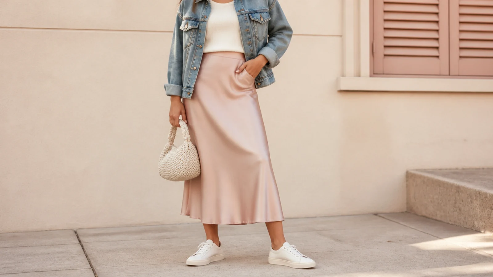 Faceless full-length shot of a bias-cut satin slip midi skirt with sleek low-profile white sneakers and a denim jacket