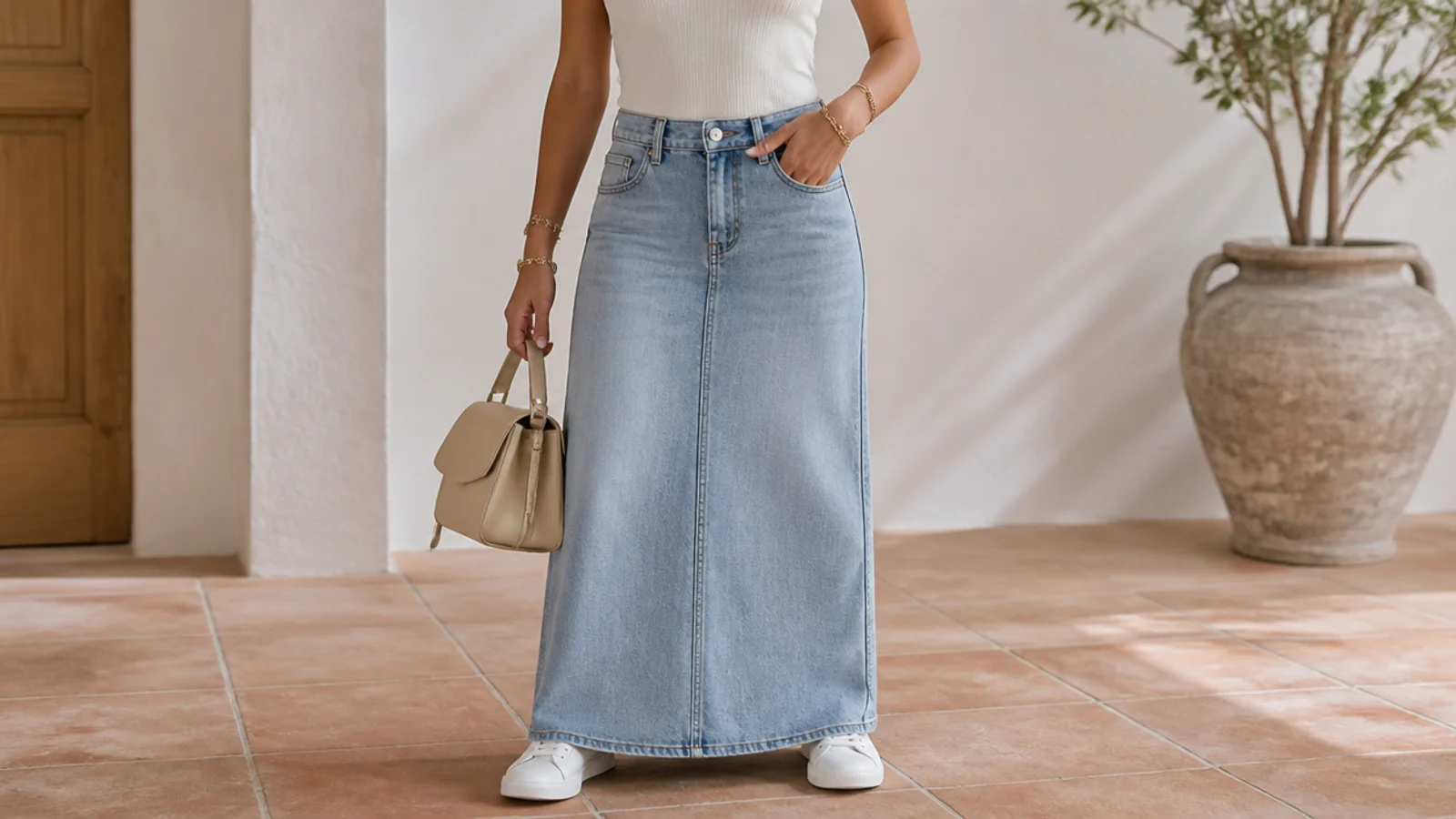 Faceless full-length shot of a slim denim column maxi skirt with clean white low-profile leather sneakers at the hem
