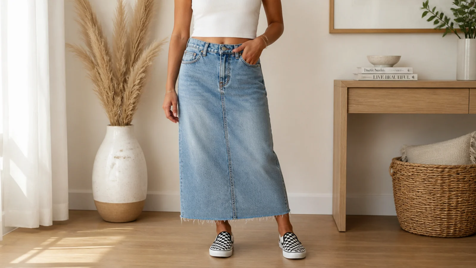 Faceless full-length shot of a straight denim midi skirt with black and white checkerboard slip-on Vans sneakers