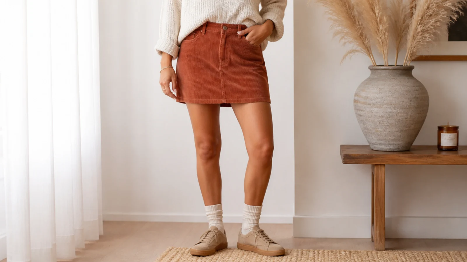 Faceless full-length shot of a rust corduroy mini skirt with tan suede low-profile sneakers and a ribbed sock