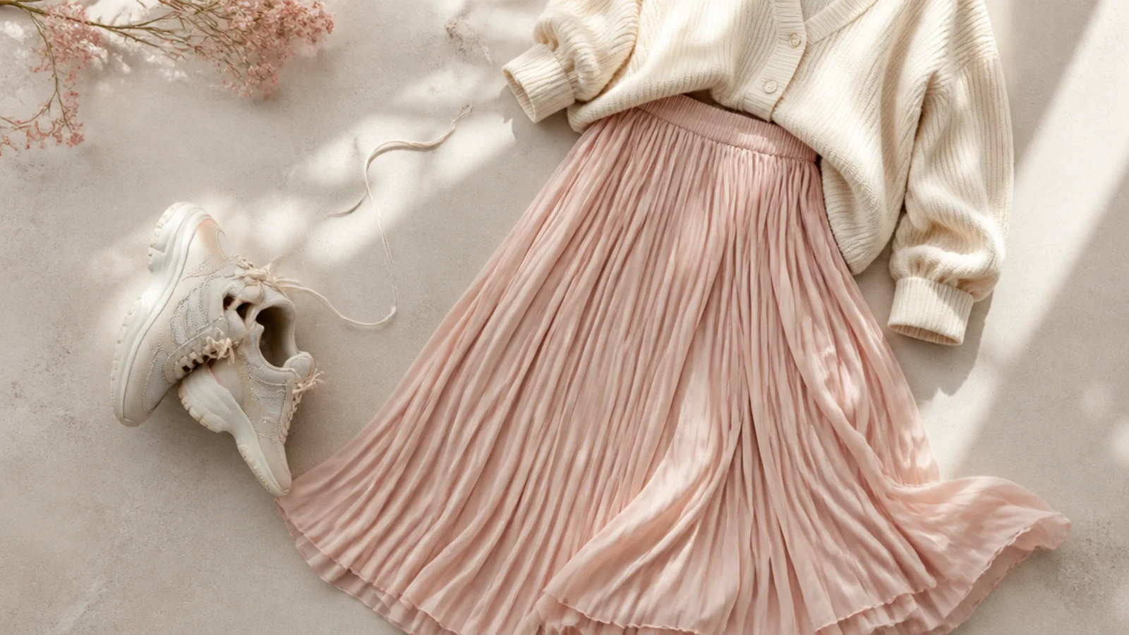 Faceless flat lay showing a chunky sneaker crossed out beside a floaty pleated chiffon skirt