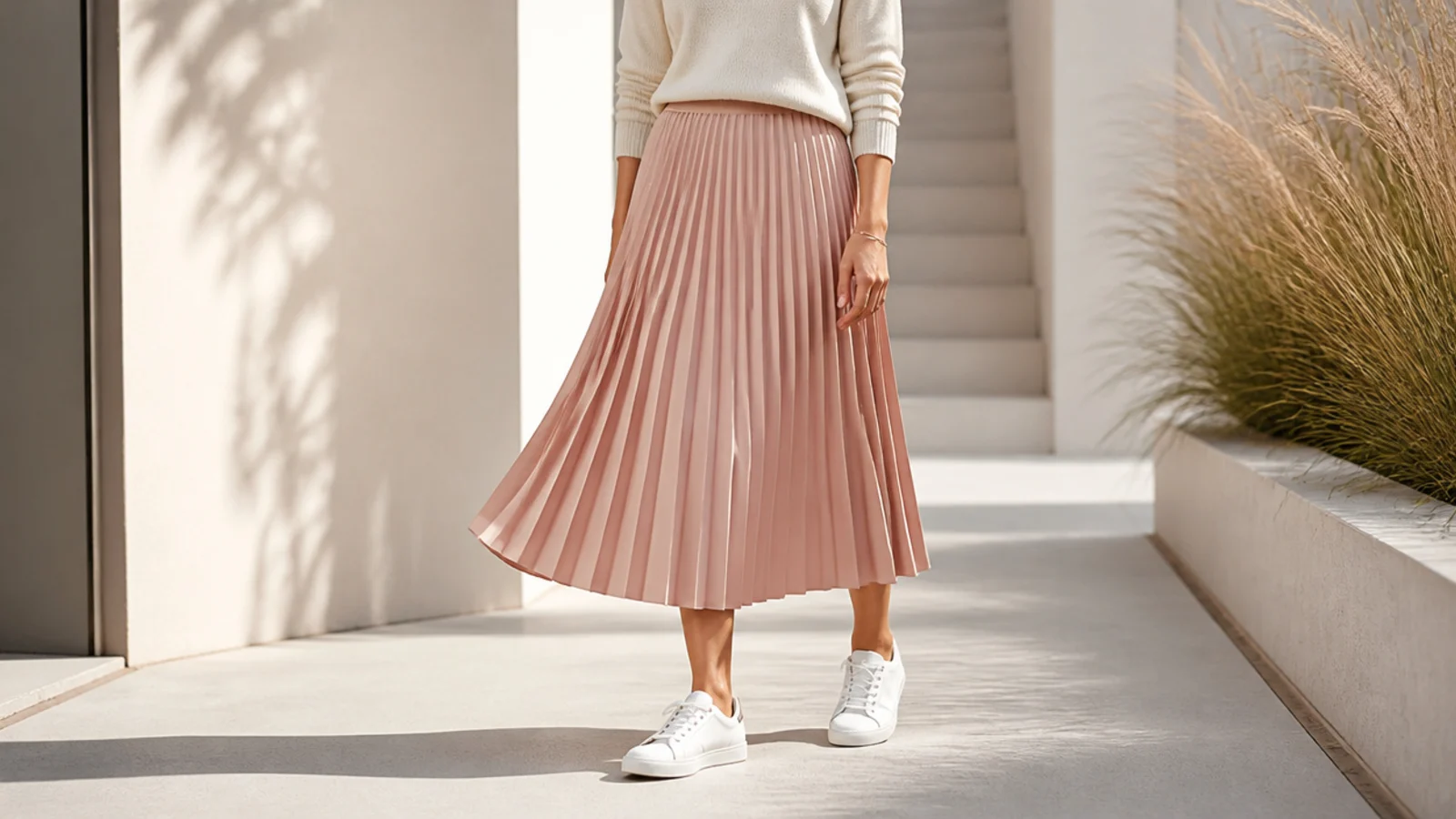 Faceless full-length shot of an accordion pleated midi skirt with low white leather sneakers and a tucked knit