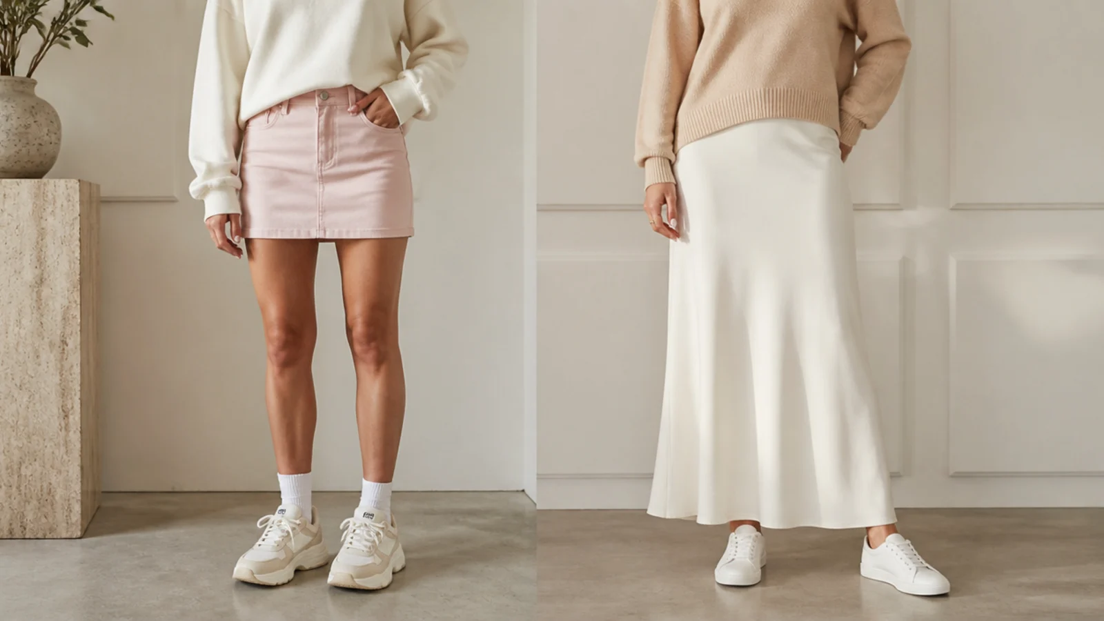 Faceless side-by-side of a chunky sneaker with a mini skirt and a sleek sneaker with a maxi skirt for proportion