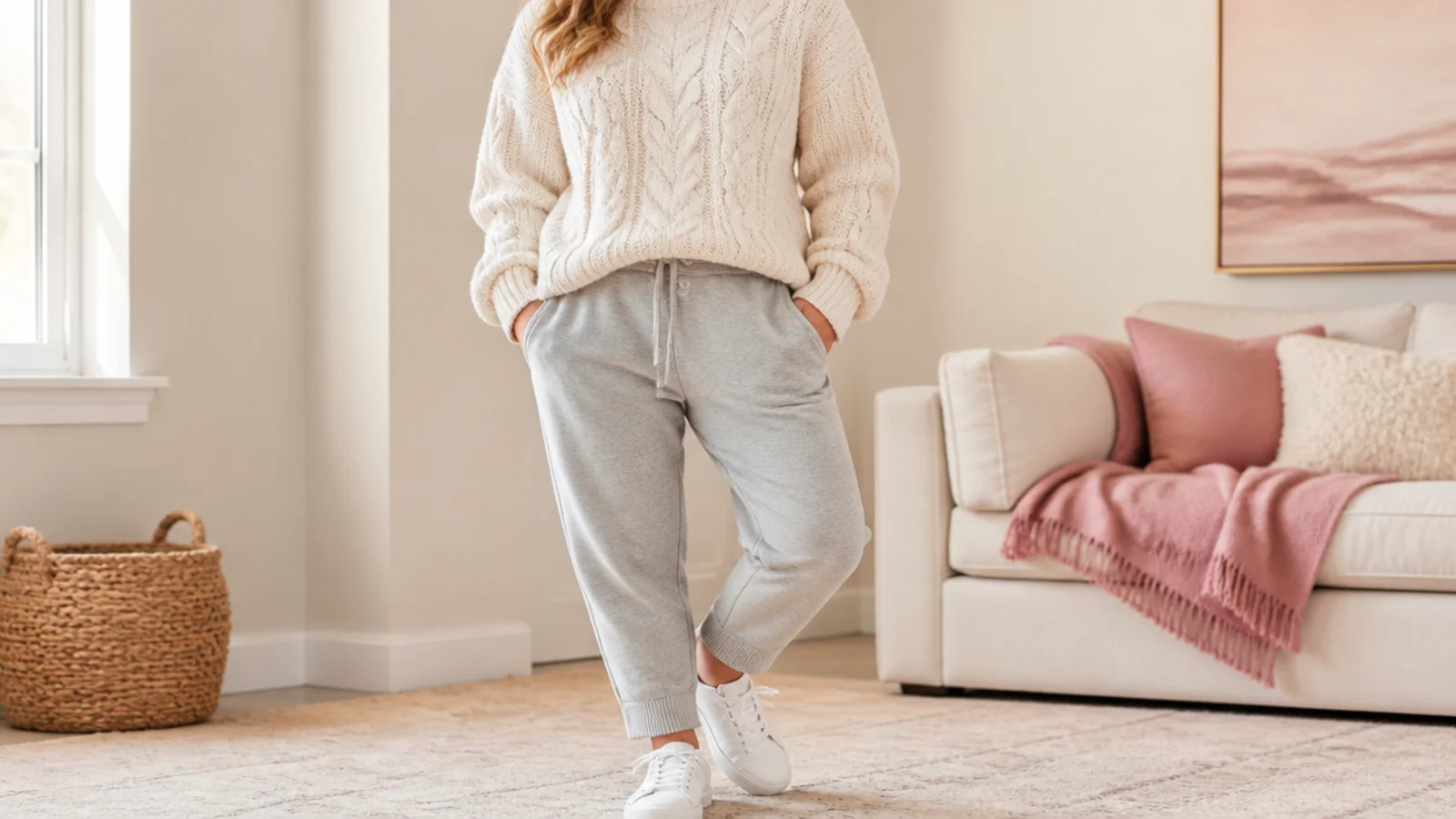 Faceless waist-up shot of a cream chunky cable-knit sweater with tapered gray sweatpants and white sneakers