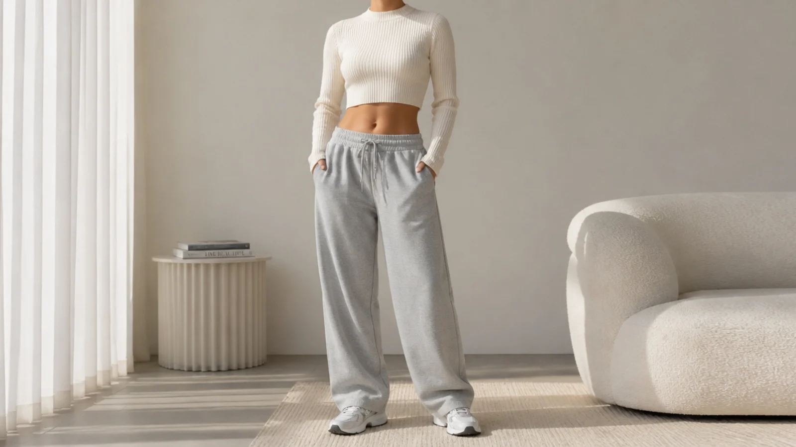 Faceless waist-up shot of a fitted cropped ribbed sweater with high-rise baggy gray sweatpants