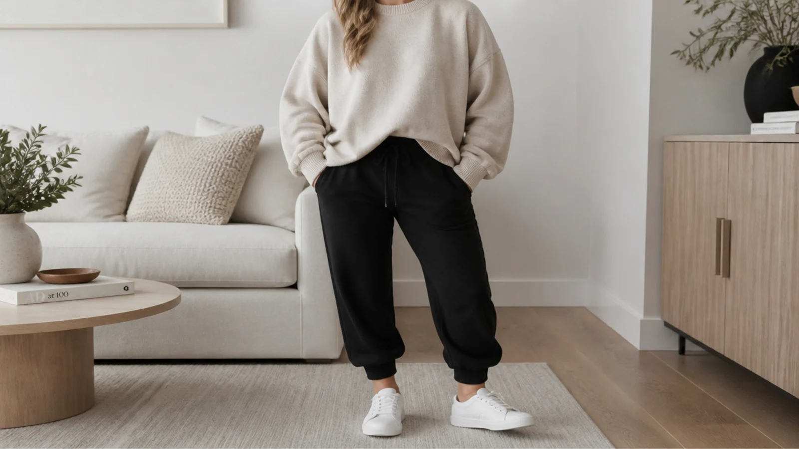 Faceless waist-up shot of an oversized oatmeal crewneck sweater with cuffed black joggers