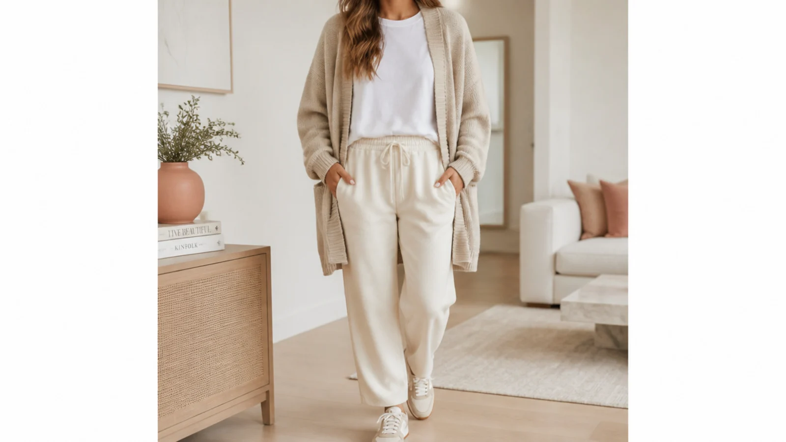 Faceless waist-up shot of an open oatmeal cardigan over a white tee with cream sweatpants