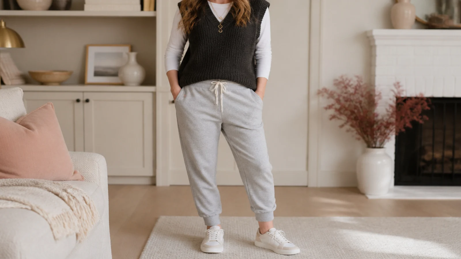 Faceless waist-up shot of a charcoal sweater vest over a white long-sleeve tee with tapered gray sweatpants