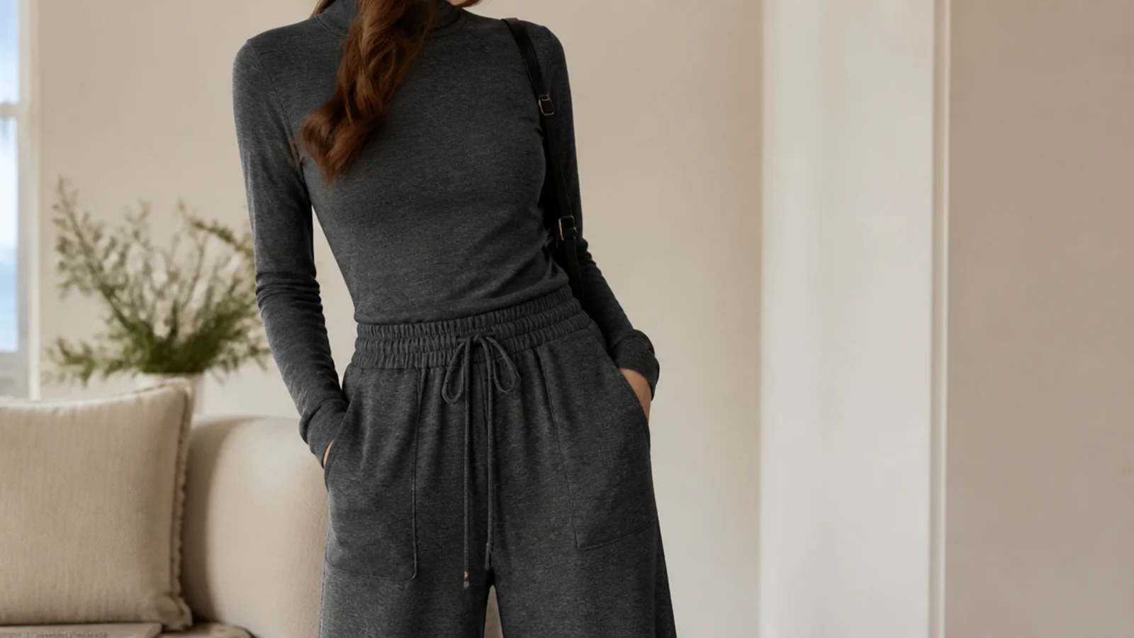 Faceless waist-up shot of a fitted charcoal turtleneck sweater tucked into wide-leg charcoal sweatpants