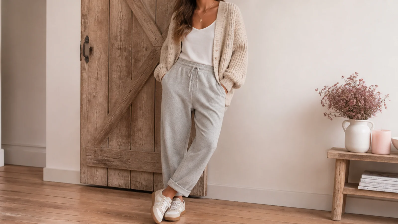 Faceless waist-up shot of a chunky oatmeal cardigan over a white cami with cuffed gray sweatpants