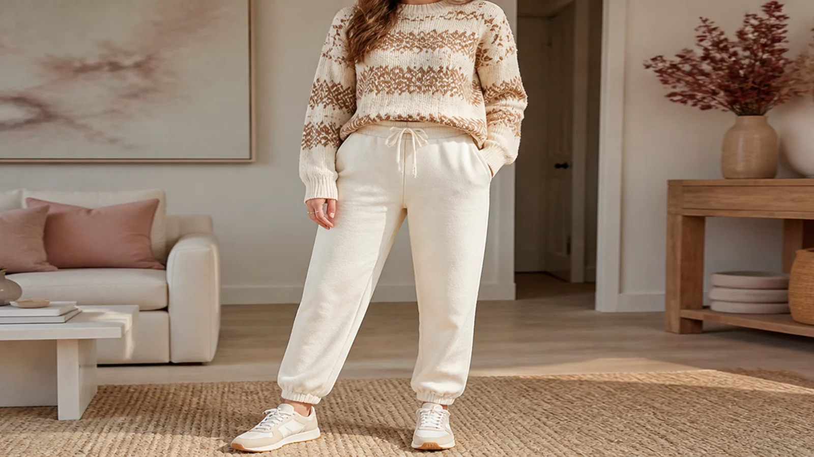 Faceless waist-up shot of a cream and brown fair isle knit sweater with tapered cream sweatpants