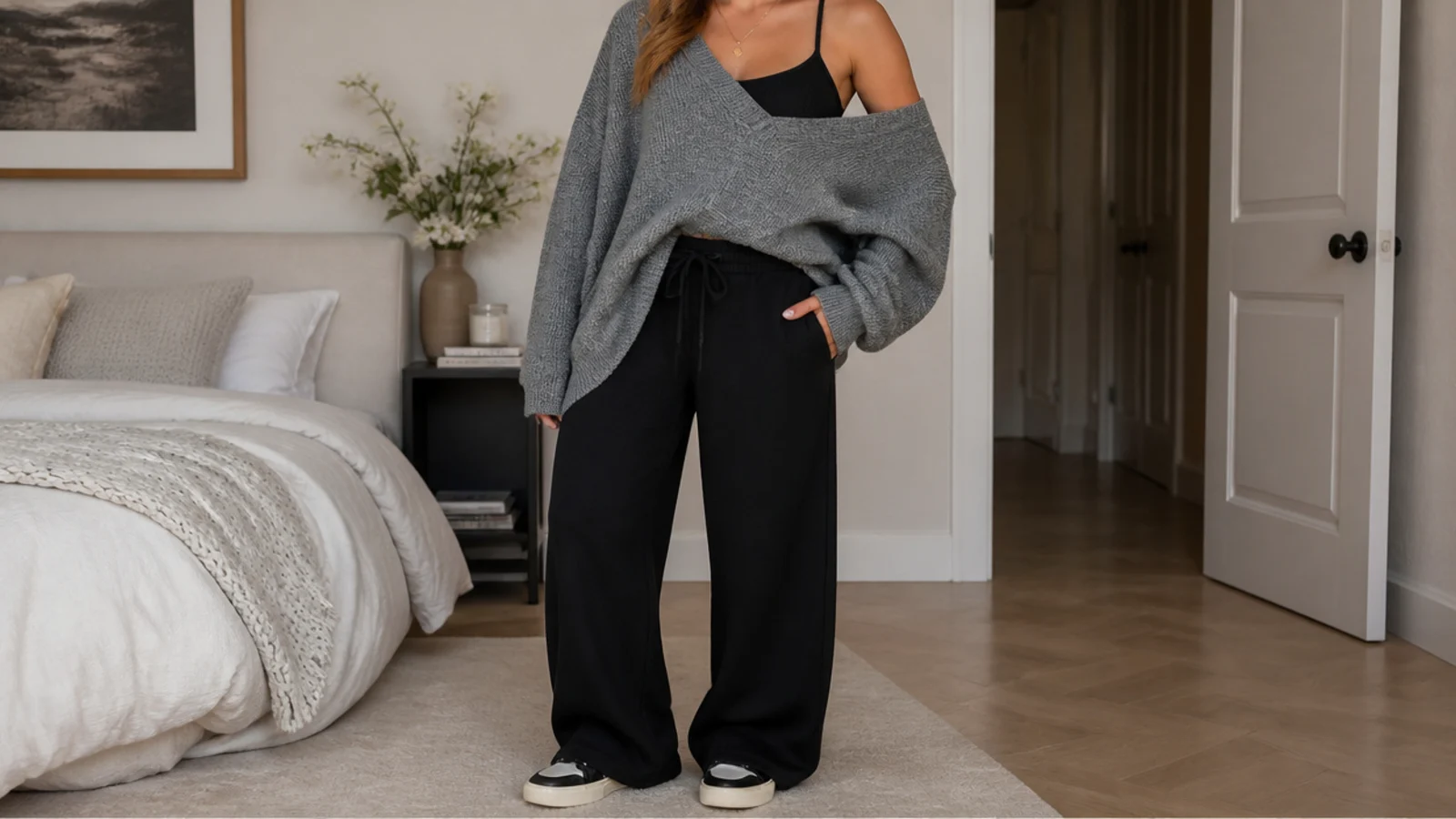 Faceless waist-up shot of an oversized gray sweater with a fitted black tank underneath and baggy black sweatpants