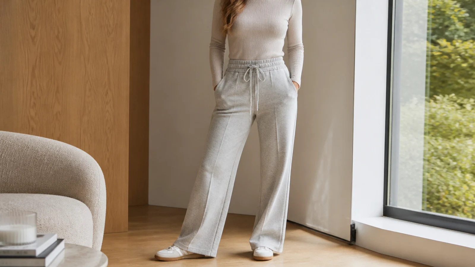 Faceless waist-up shot of a fitted ribbed mock-neck sweater tucked into flare gray sweatpants