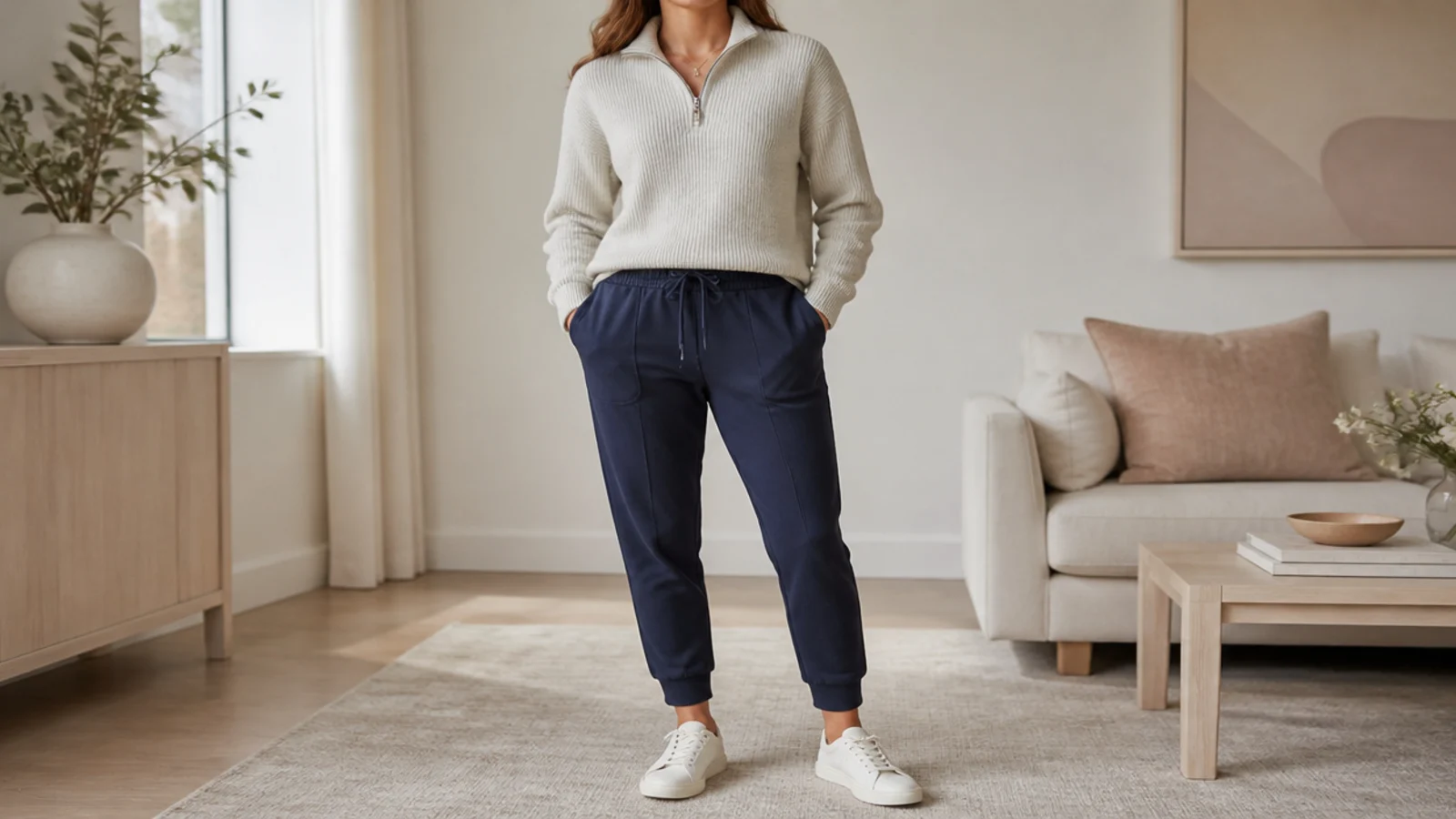 Faceless waist-up shot of an oatmeal quarter-zip knit sweater with tapered navy sweatpants
