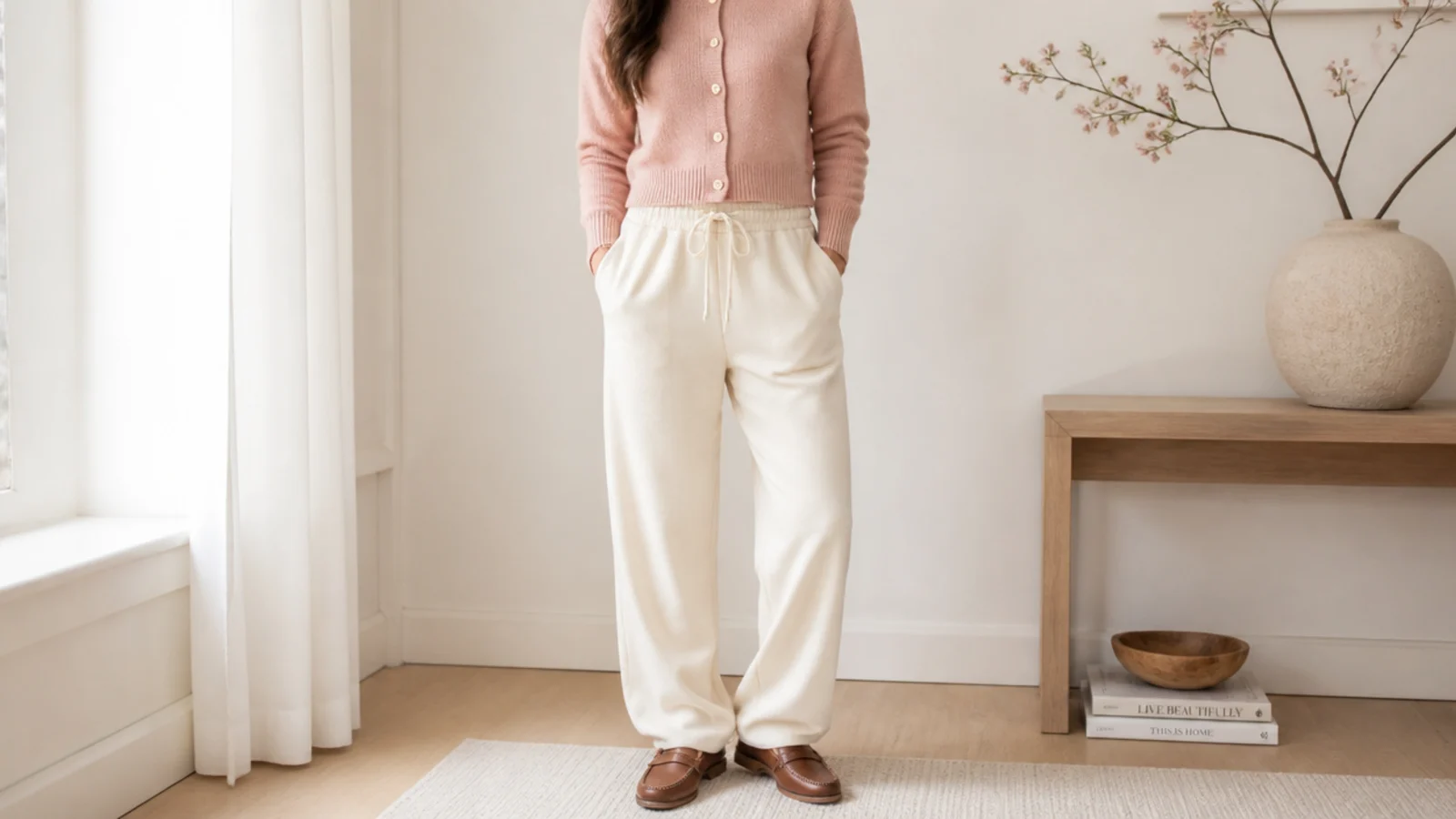 Faceless full-length shot of a buttoned cropped cardigan with baggy cream sweatpants and brown loafers