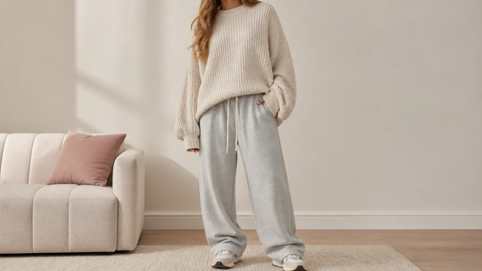 Faceless cozy outfit pairing an oversized knit sweater with baggy gray sweatpants and sneakers