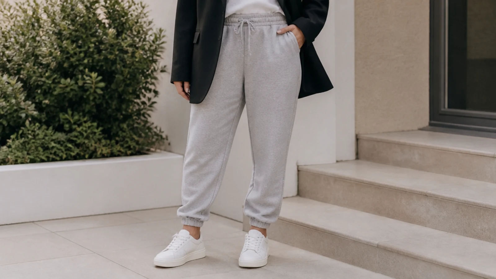 Faceless waist-down shot of gray tapered sweatpants under a black oversized blazer with white sneakers