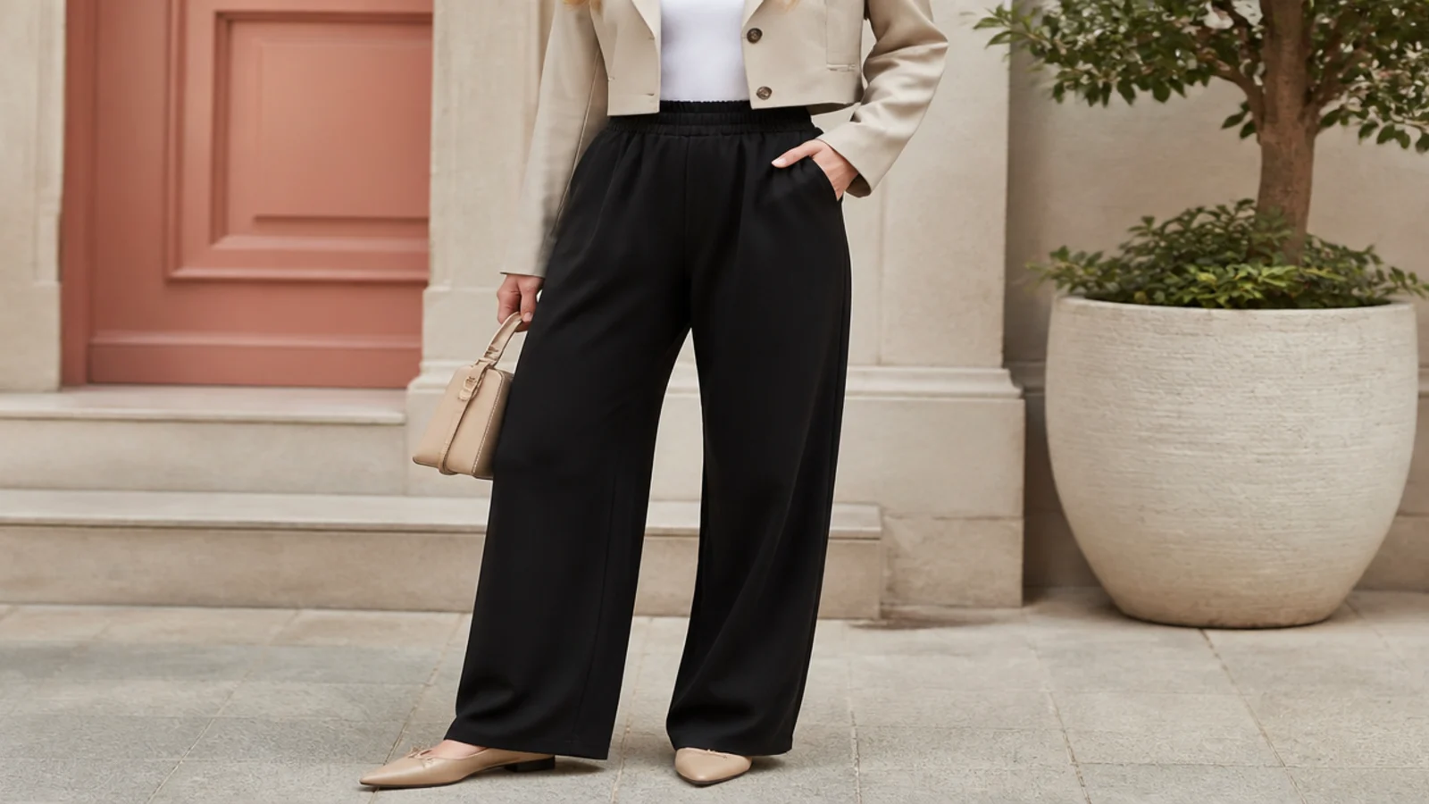 Faceless waist-down shot of high-rise black sweatpants with a cropped beige blazer and pointed flats
