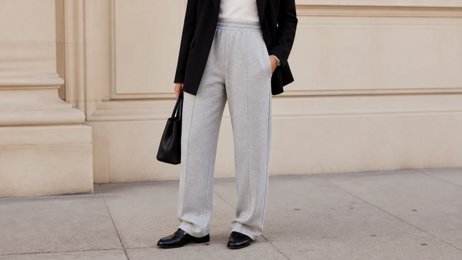 Faceless waist-down shot of gray sweatpants with a tailored black blazer and black leather loafers