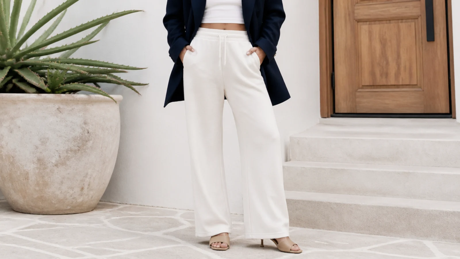 Faceless waist-down shot of wide-leg cream sweatpants with a relaxed navy boyfriend blazer and mules