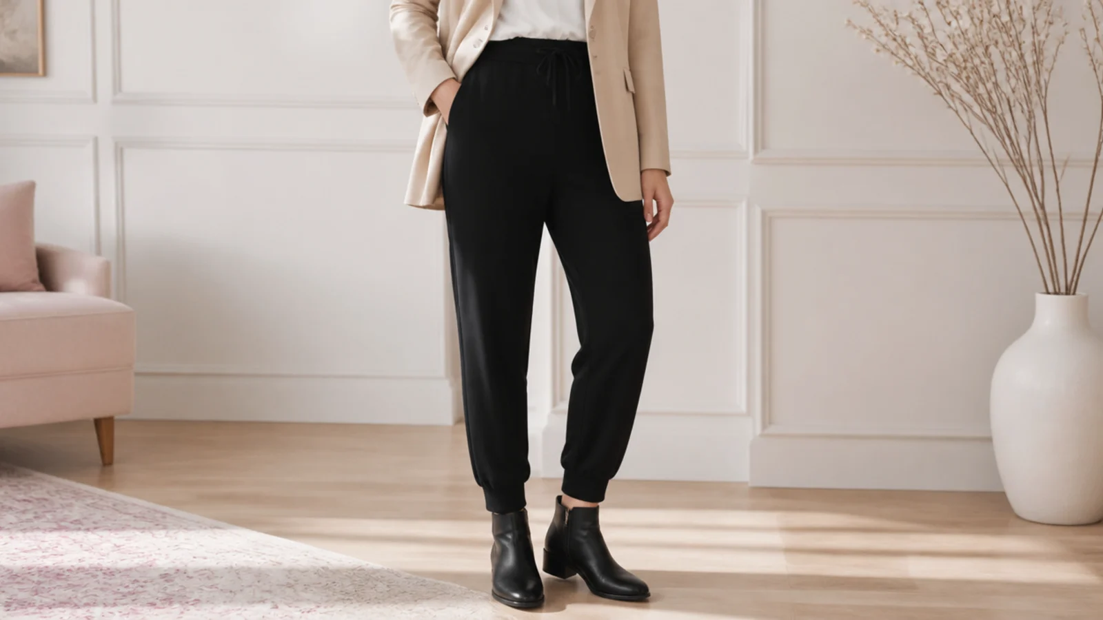 Faceless waist-down shot of black tapered sweatpants with a structured beige blazer and black ankle boots