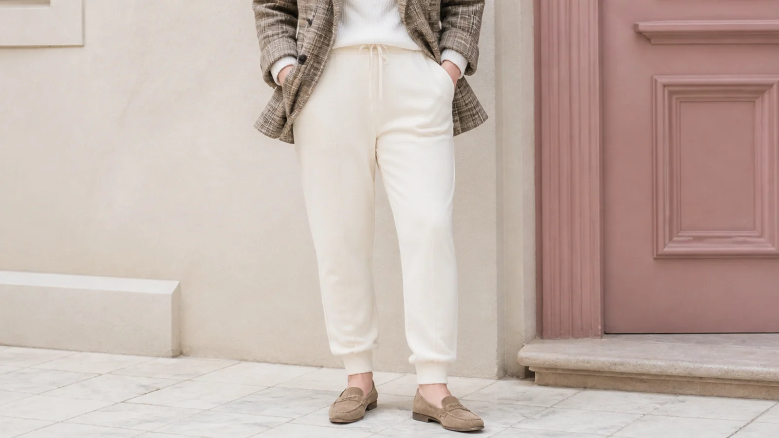 Faceless waist-down shot of cream tapered sweatpants with a brown plaid blazer and tan loafers