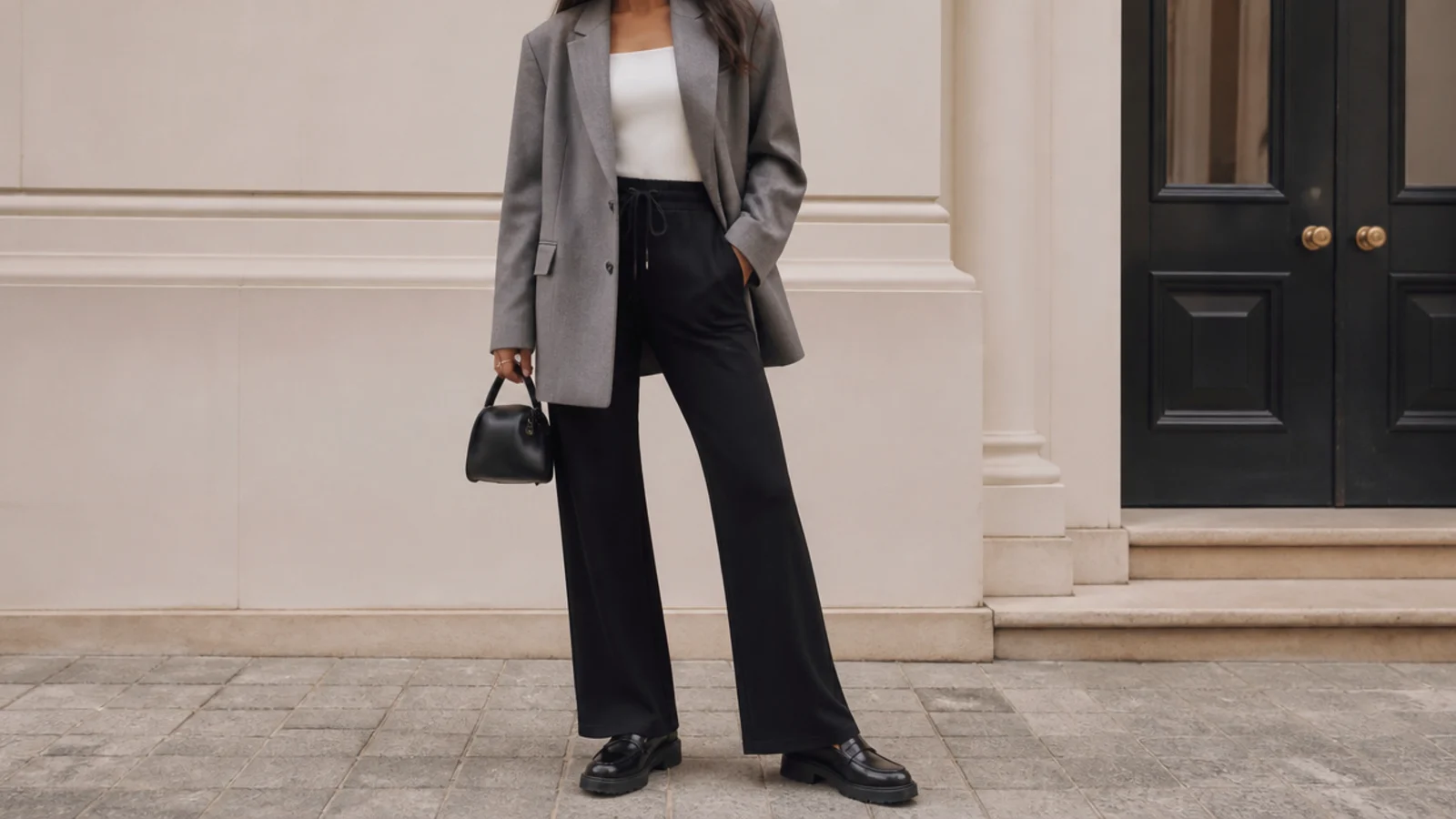 Faceless full-length shot of black flare sweatpants with a longline gray blazer and platform loafers
