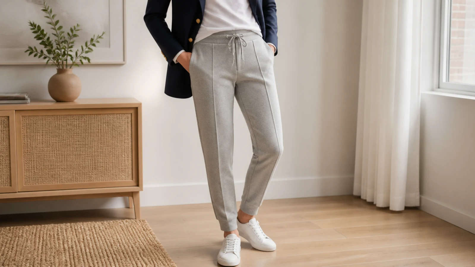 Faceless waist-down shot of gray tapered sweatpants with a navy blazer, white tee and white leather sneakers