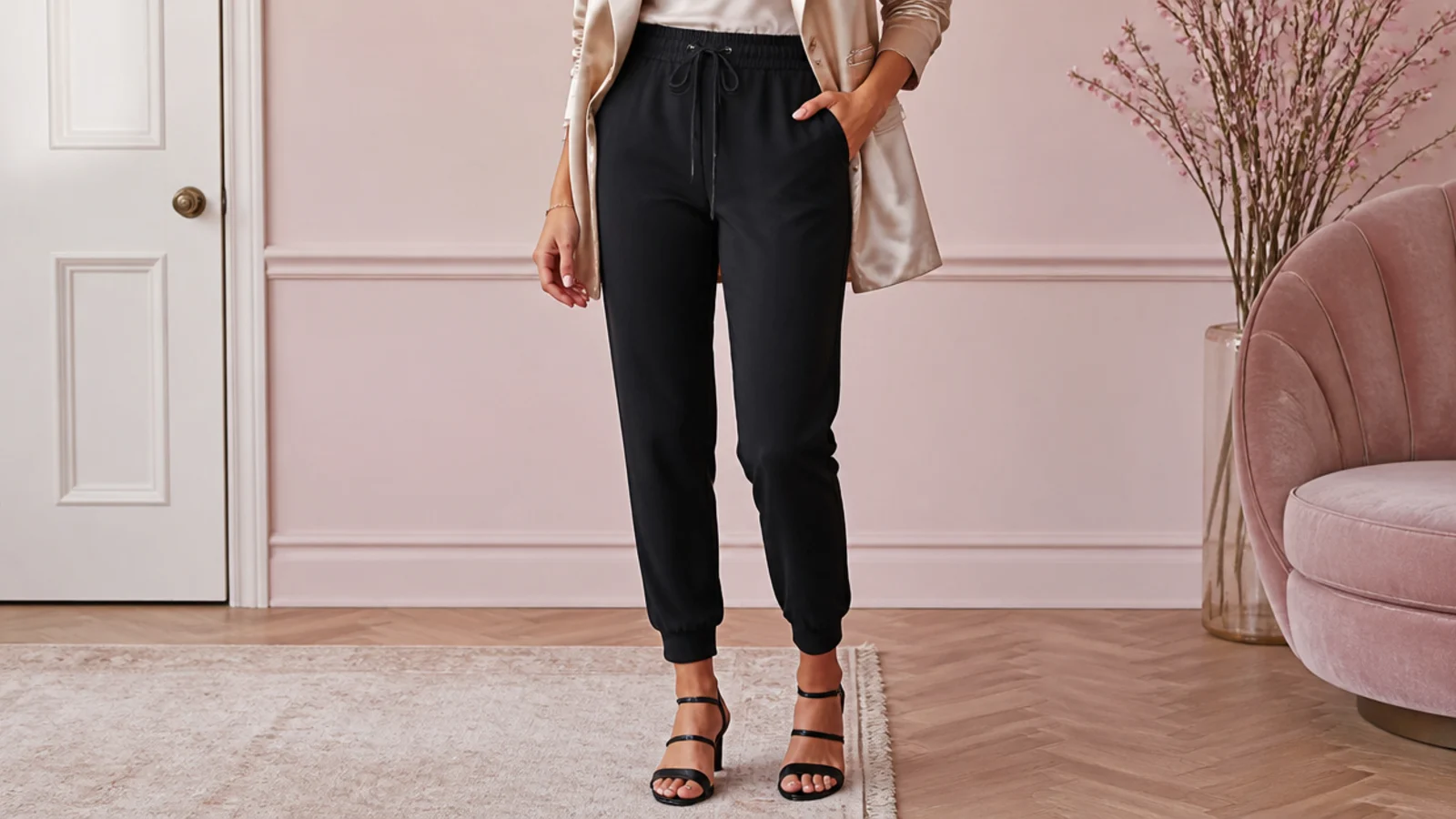 Faceless waist-down shot of slim black sweatpants with a champagne satin blazer and black strappy heels