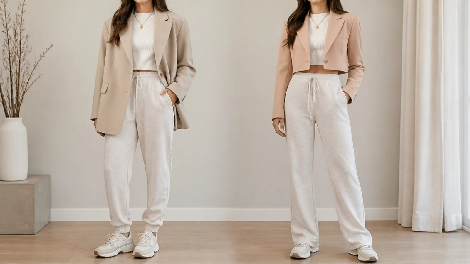 Faceless side-by-side of an oversized blazer with tapered sweatpants and a cropped blazer with high-rise sweatpants