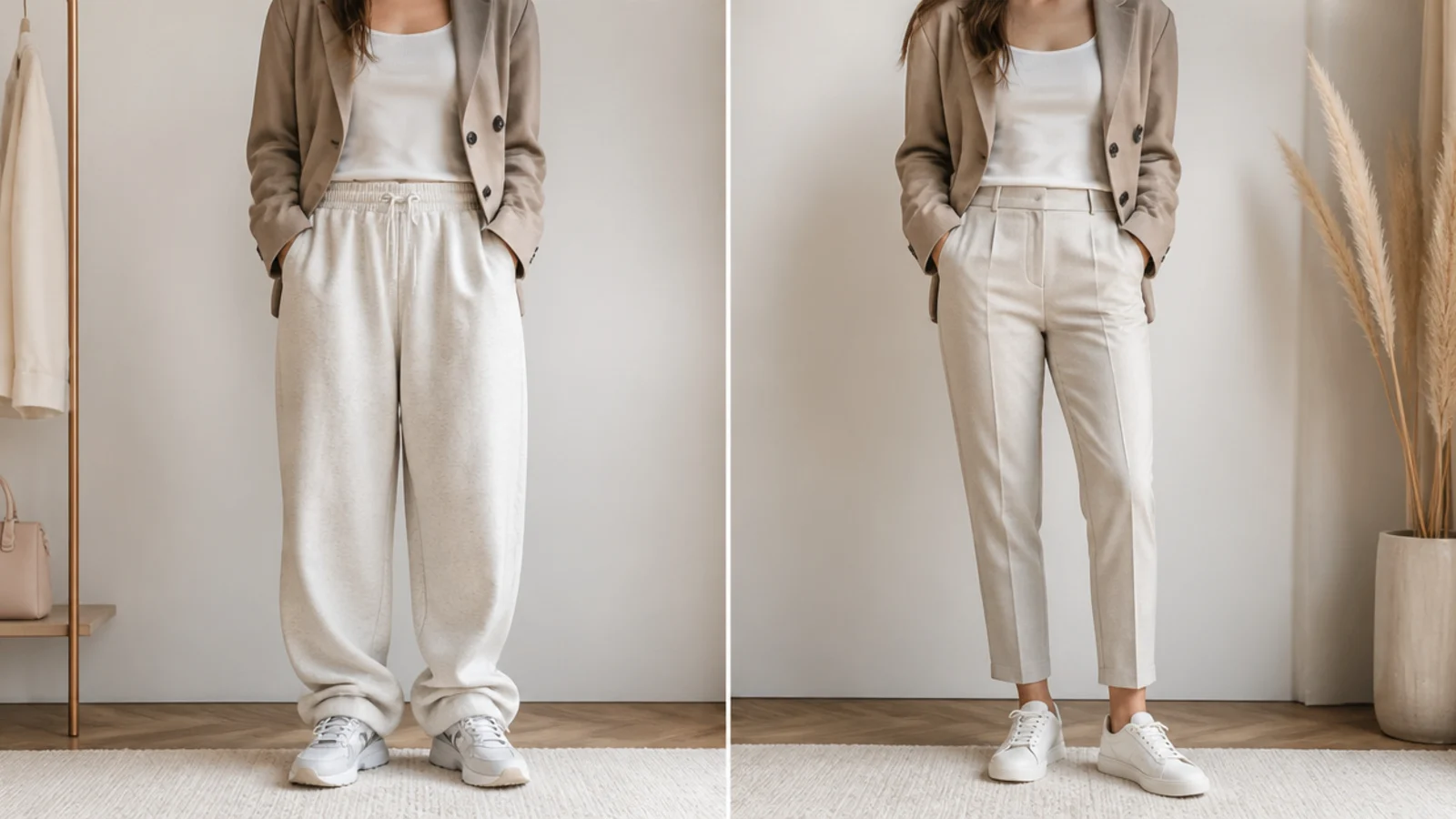 Faceless comparison of a sloppy baggy sweatpants and oversized blazer look beside a clean tapered version