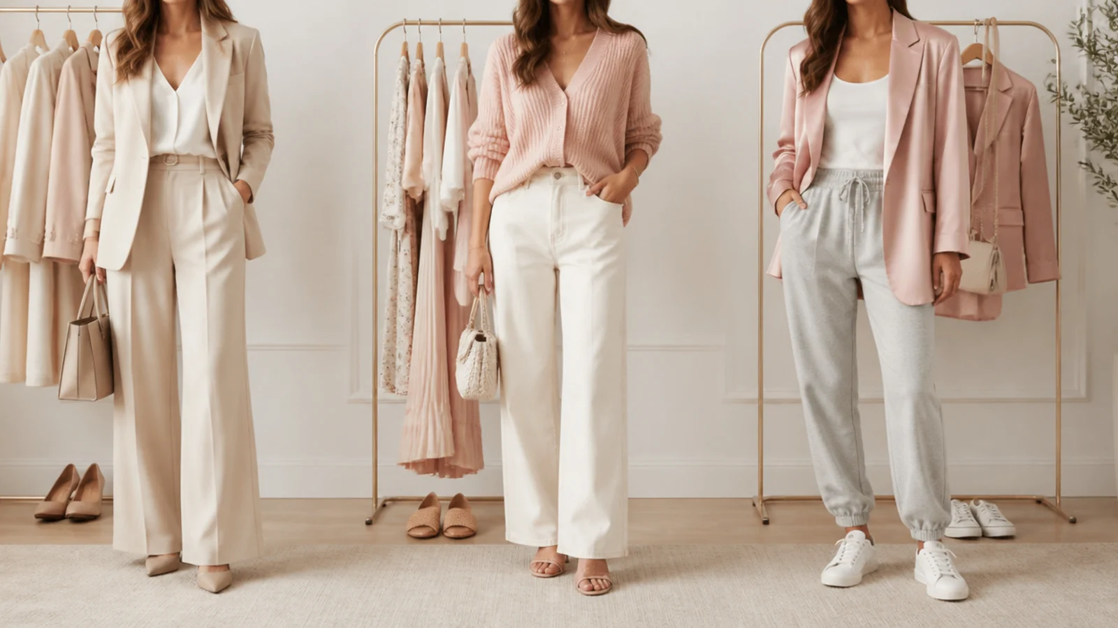Faceless clothing rack showing a work blazer look, a brunch look and a date-night satin blazer look with sweatpants