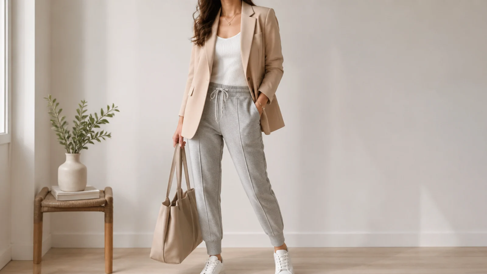 Faceless sweatpants and blazer outfit with tapered gray sweatpants and a tailored beige blazer