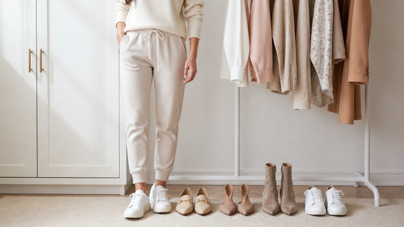 Faceless lineup of loafers, pointed mules, ankle boots and white sneakers beside tapered sweatpants