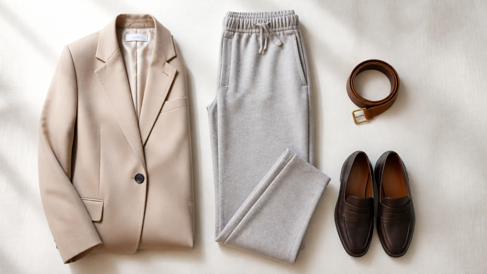 Faceless flatlay of a folded structured blazer, tapered gray sweatpants, loafers and a leather belt