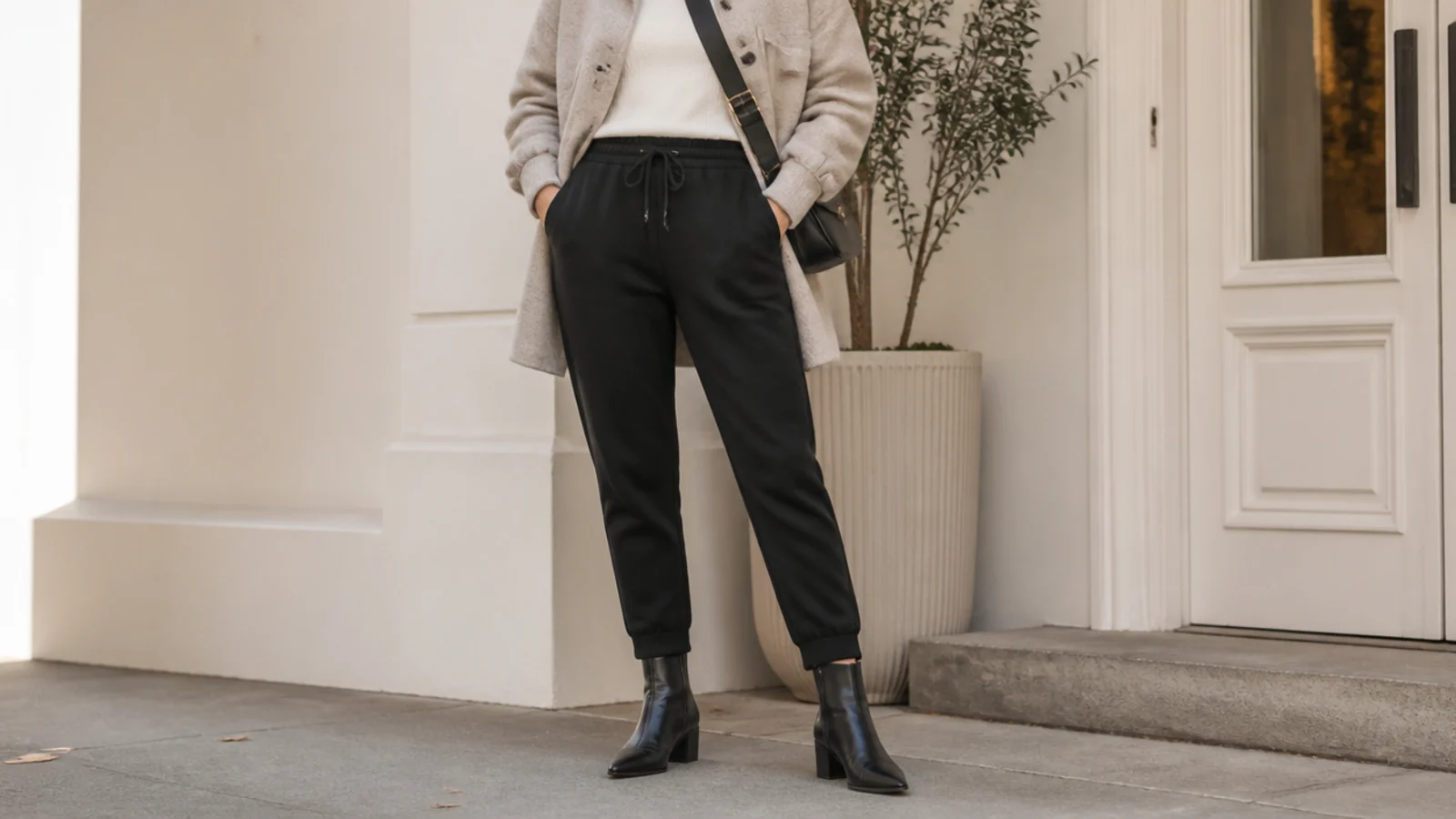 Faceless outfit with tapered black sweatpants and black leather almond-toe ankle boots