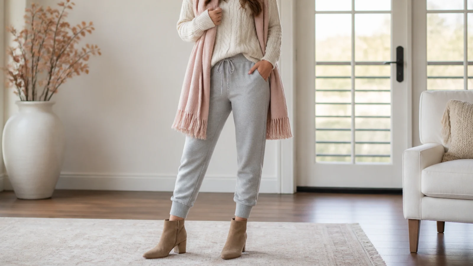 Faceless outfit with heather gray tapered sweatpants and tan suede heeled ankle boots