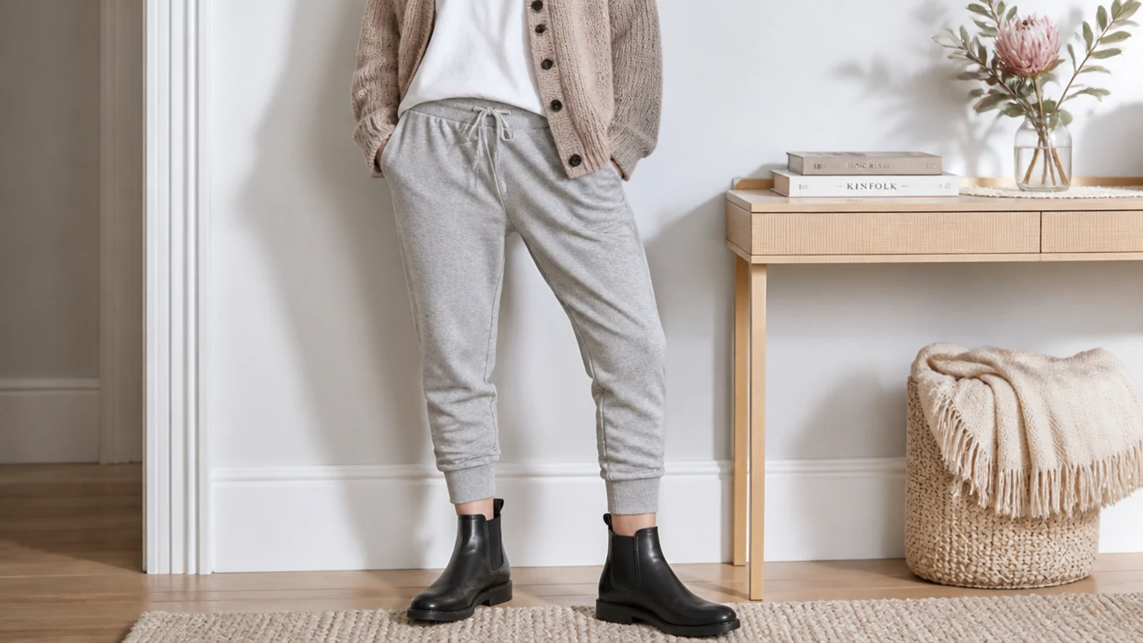 Faceless outfit with tapered joggers cuffed above black leather Chelsea boots with side gussets