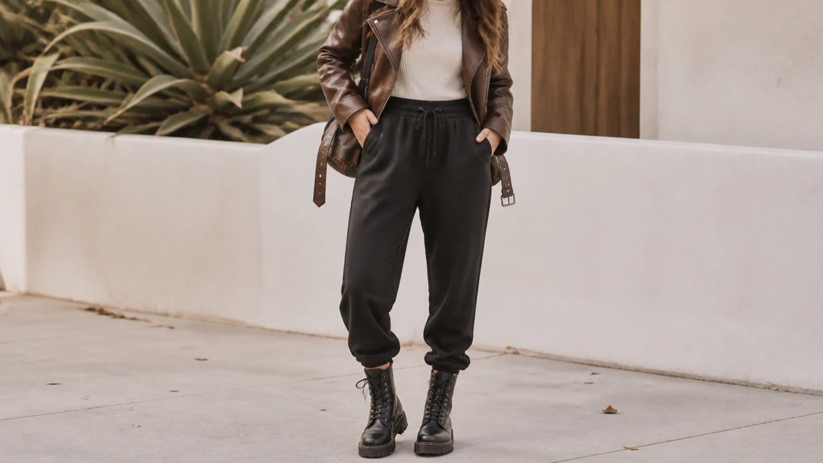 Faceless outfit with black joggers tucked into laced combat boots with a lug sole and a leather jacket