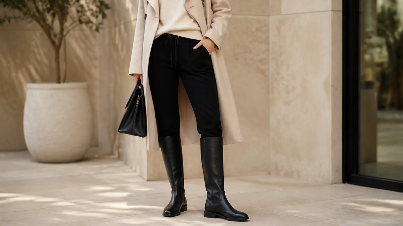 Faceless outfit with slim black sweatpants tucked into flat black knee-high leather boots