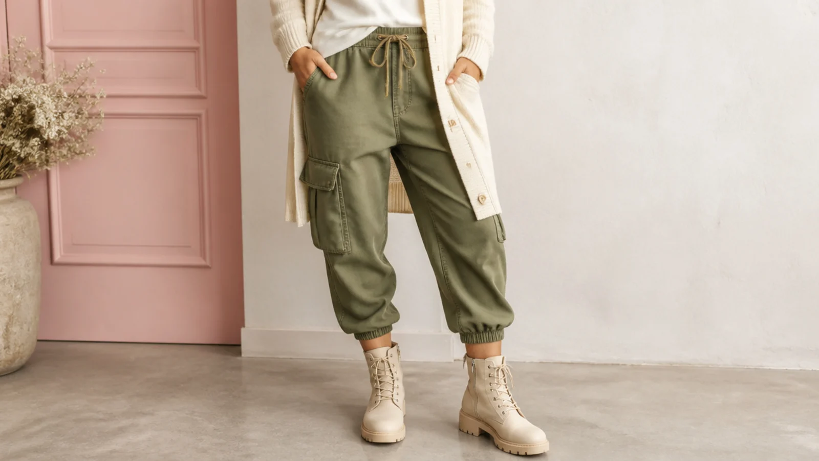 Faceless outfit with olive cargo sweatpants cuffed above chunky lug-sole ankle boots