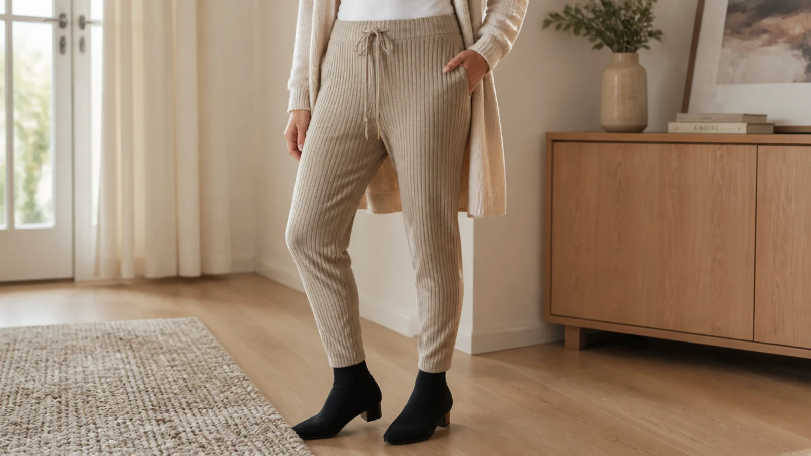 Faceless outfit with slim ribbed sweatpants and a second-skin black sock boot with a low heel